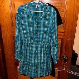 Girls teal and black plaid long sleeved dress